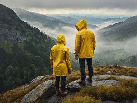 Man and woman in yellow raincoats standing on top of the mountain and looking at the misty valleyの素材