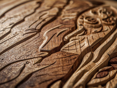 Wooden carving on the surface of an old wooden table closeupの素材