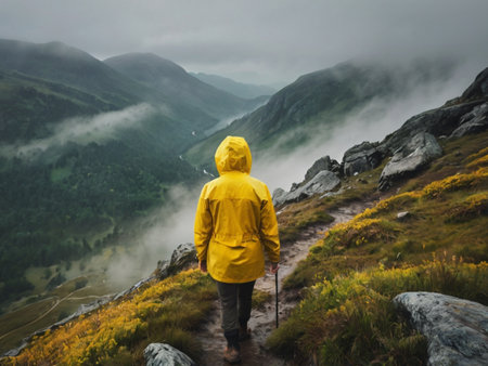 Man in yellow raincoat walking on a trail in the mountains.の素材