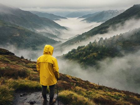 Man in yellow raincoat with trekking poles hiking in the mountainsの素材