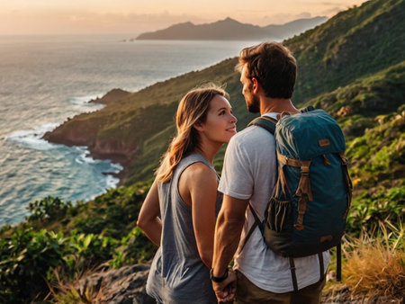 Happy couple with backpacks standing on top of mountain and looking at seaの素材