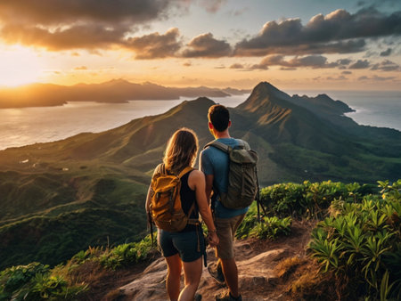 Couple with backpacks standing on top of a mountain and looking at the sunset.の素材
