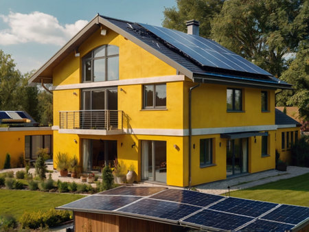 Solar panels on the roof of a modern house. Photovoltaic panels on the roof.の素材