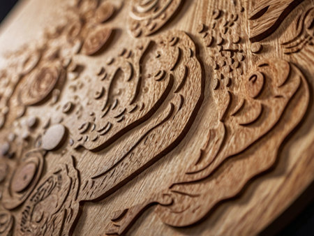Wood carving on a piece of wood. Close-up, selective focus.の素材