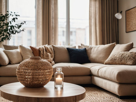 Interior of modern living room with beige sofa, pillows, wooden coffee table and wicker basketの素材
