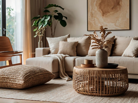 Living room interior design with sofa, coffee table, plants and accessoriesの素材