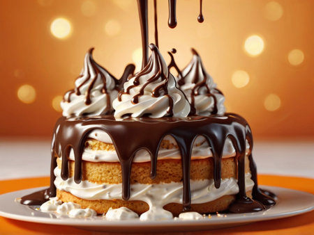 Chocolate cake with whipped cream and chocolate syrup on orange background.の素材