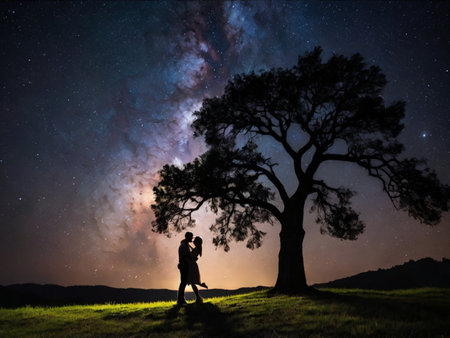 Silhouette of young couple kissing under starry sky with milky way and tree.の素材