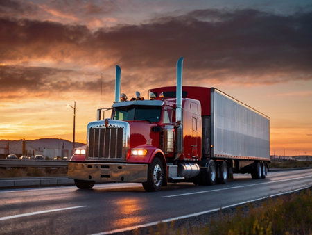 Truck on the highway at sunset. Transportation and logistics concept.の素材
