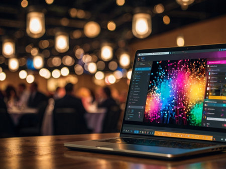 Laptop computer with graphic user interface on screen. Blurred background.の素材