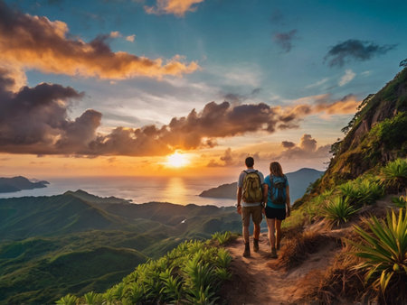 Couple with backpacks walking on a mountain trail at sunset.の素材
