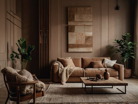 Modern living room interior with brown sofa, armchair and plant.の素材