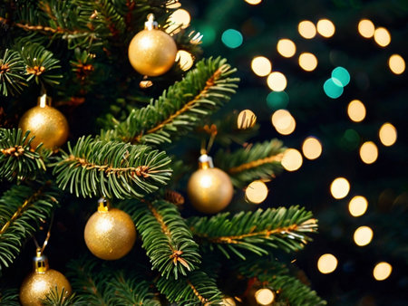 Christmas tree decorated with golden balls and bokeh lights. Christmas backgroundの素材