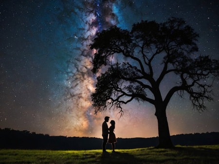 Silhouette of young couple under the starry sky with milky wayの素材