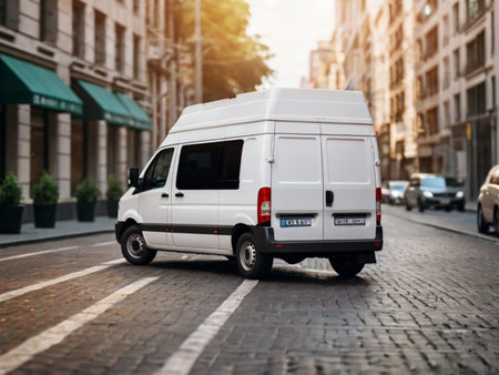 White van on the street in the city. Freight transportation.の素材