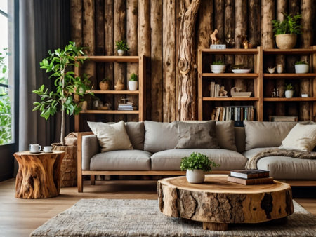 Interior of cozy living room with wooden wall, coffee table and sofaの素材