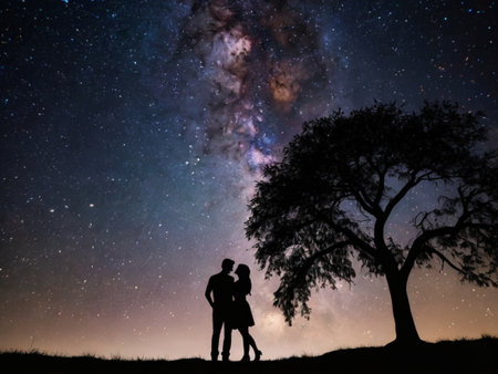 Silhouette of loving couple under the milky way and treeの素材