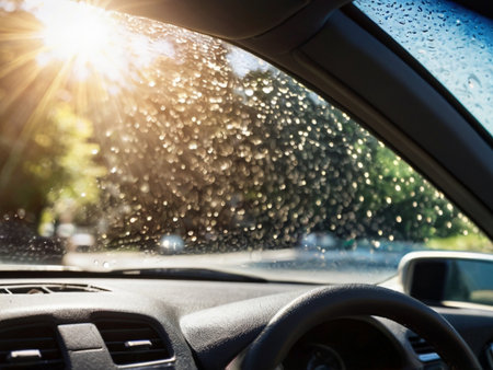 Raindrops on the windshield of a car. Raindrops on the windshield.の素材