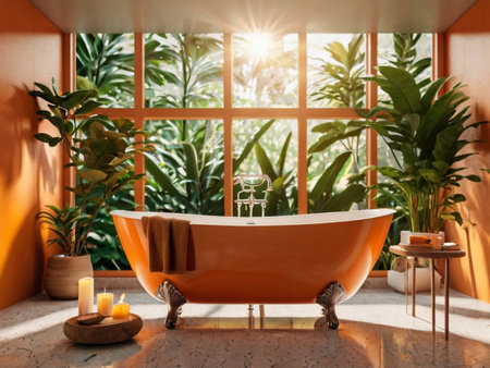Interior of modern bathroom with orange bathtub and tropical plants. 3d renderの素材