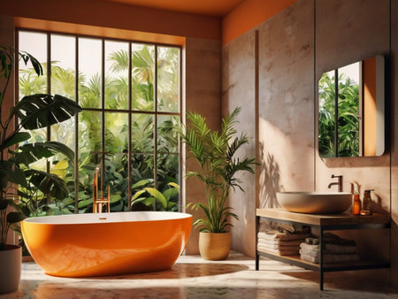 Interior of modern bathroom with tropical plants and sunlight. 3D Renderingの素材