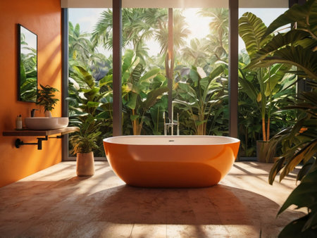 Modern bathroom interior with tropical plants and sunlight. 3D Renderingの素材