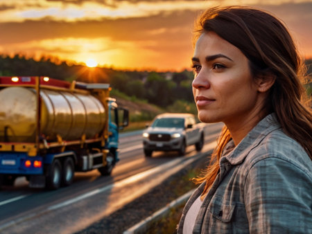 Woman on the road with a tank truck on the background at sunsetの素材