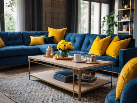 cozy living room with blue sofa, coffee table and yellow pillowsの素材