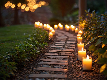 Candles in the garden with bokeh lights at night.の素材