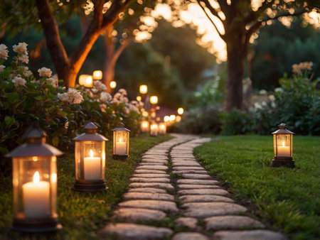 Lanterns in the garden at night with green grass.の素材