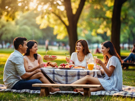 Group of friends having picnic in the park on a summer day.の素材