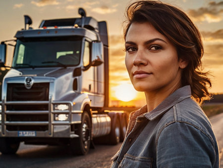 Portrait of a beautiful young brunette woman on the background of a modern semi truck.の素材