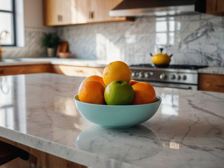 Variety of fresh fruits in bowl countertop in kitchenの素材