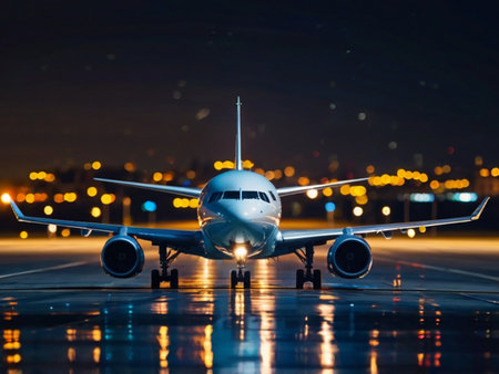 Airplane on the runway at night. Passenger plane in the airport.の素材