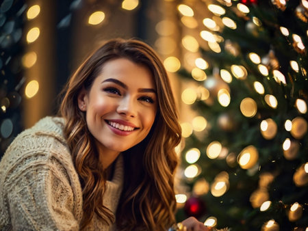 Portrait of a beautiful young woman with Christmas tree in the backgroundの素材