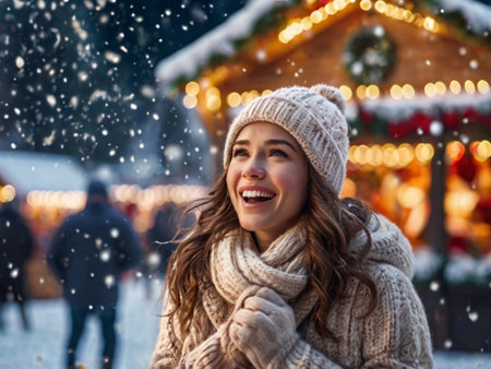 Portrait of happy young woman on Christmas market in Germany. Beautiful girl in winter hat, scarf and mittens looking at camera and smiling.の素材