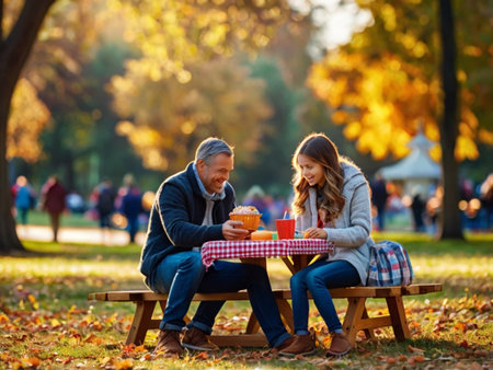 Couple having picnic in autumn park. Man and woman sitting on bench and eating hamburger.の素材