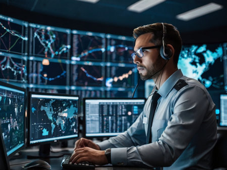 Serious male broker in headset working on computer monitors while sitting in officeの素材