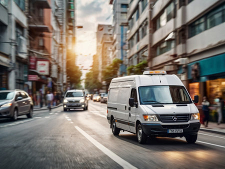 White commercial delivery van on the city street. Freight transportation concept.の素材