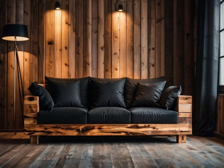 Black sofa in the living room with wooden wall and floor lamp.の素材
