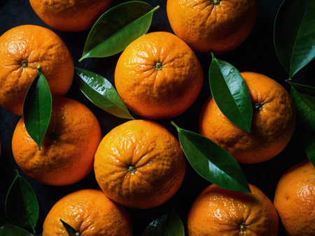 Fresh tangerines with leaves on black background. Top view.の素材