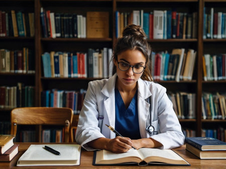 Portrait of a female doctor sitting at desk in the library.の素材