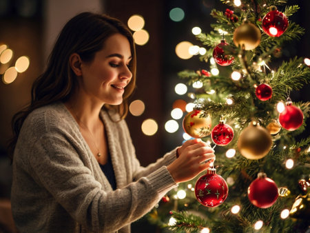 happy young woman decorating christmas tree with baubles at homeの素材