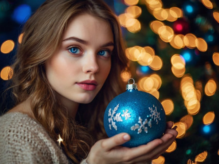 Beautiful young woman holding a blue christmas ball on the background of a Christmas treeの素材