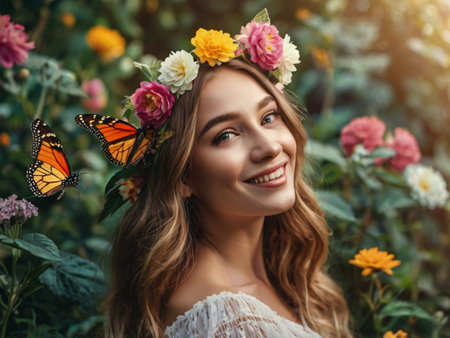 Beautiful young woman with flowers in her hair and butterfly on her headの素材
