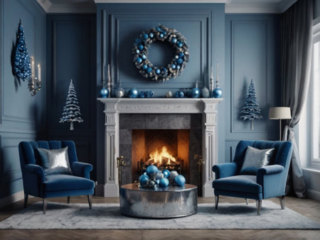 Christmas interior with fireplace and blue armchairs. 3D rendering.の素材