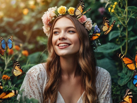 Smiling young woman with butterfly wreath on her head in summer gardenの素材