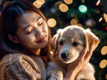 Beautiful asian woman holding golden retriever puppy in christmas timeの素材