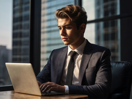 Portrait of a young businessman working on laptop computer in office.の素材