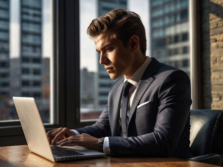 Handsome young businessman working on laptop in the office. Business conceptの素材