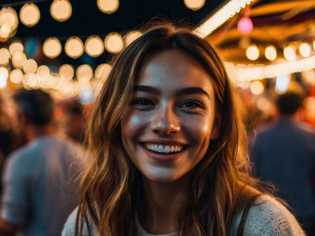 Portrait of a smiling young woman at the street food festival.の素材
